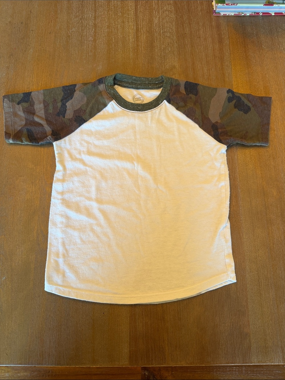 wonder nation White Tee with Green Camo Raglan Sleeves